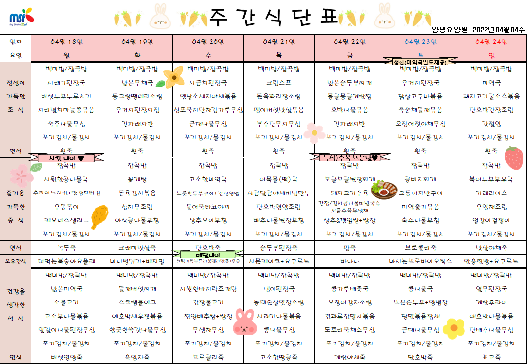 2022년04월18일 ~ 2022년 04월24일 식단표