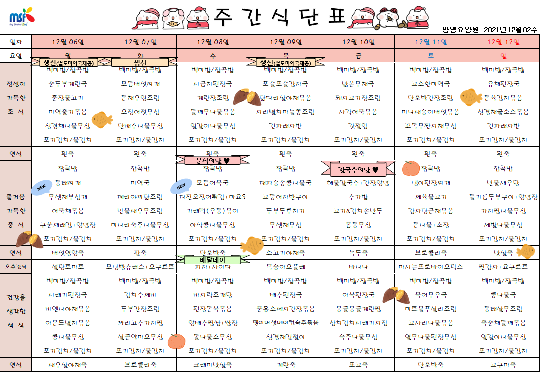 2021년12월6일 ~ 12월12일 식단표