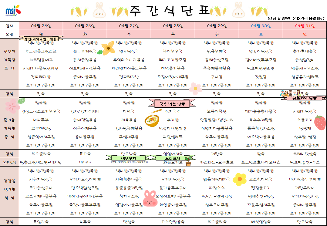 2022년04월25일 ~ 2022년 05월01일 식단표