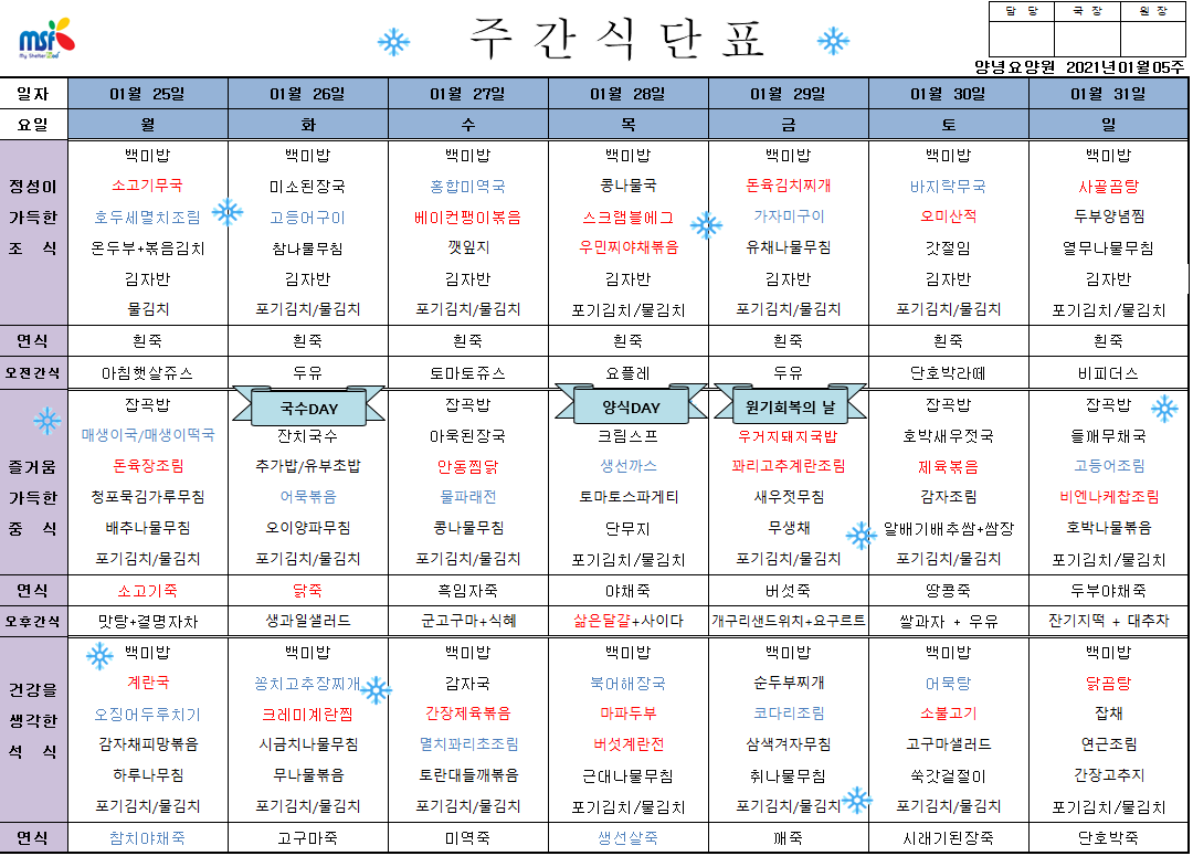 2021년01월25일 ~ 31일 식단표