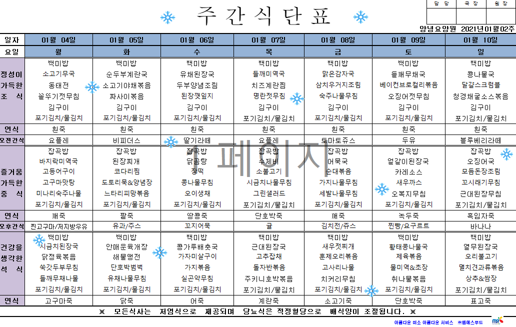 2021년01월04일 ~ 10일 식단표
