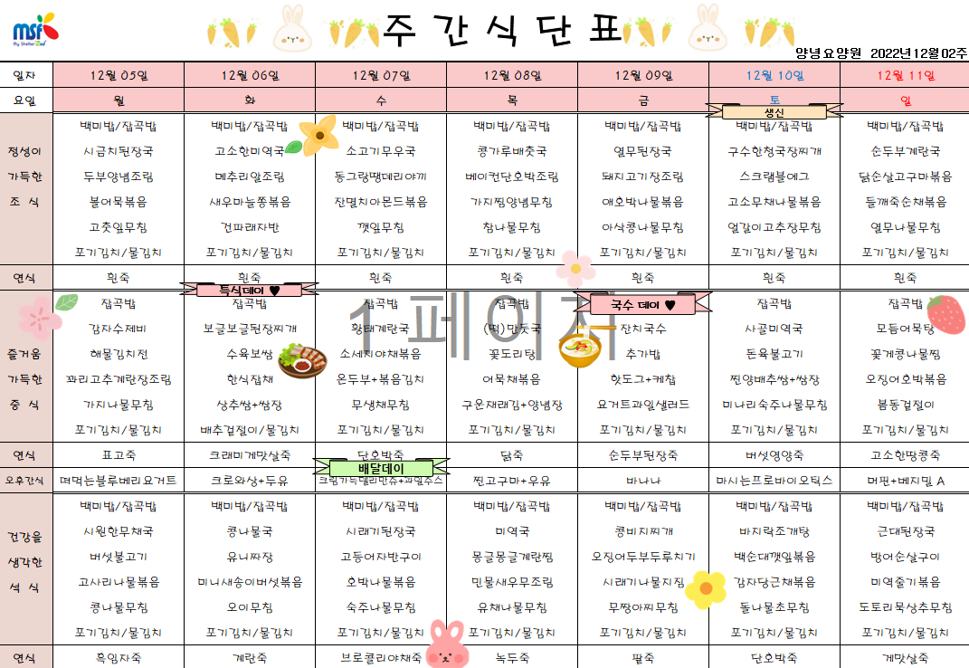 2022년12월05일 ~ 2022년 12월11일 식단표