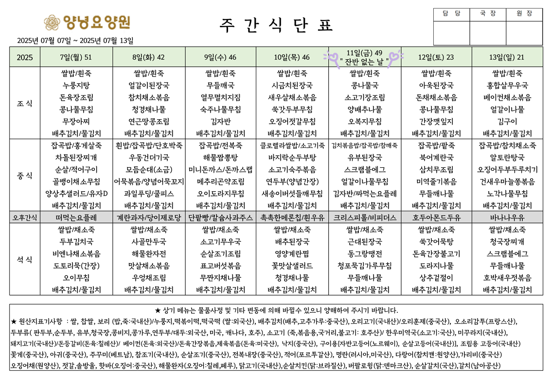 2025.07.07.~07.13. 주간식단표입니다.
