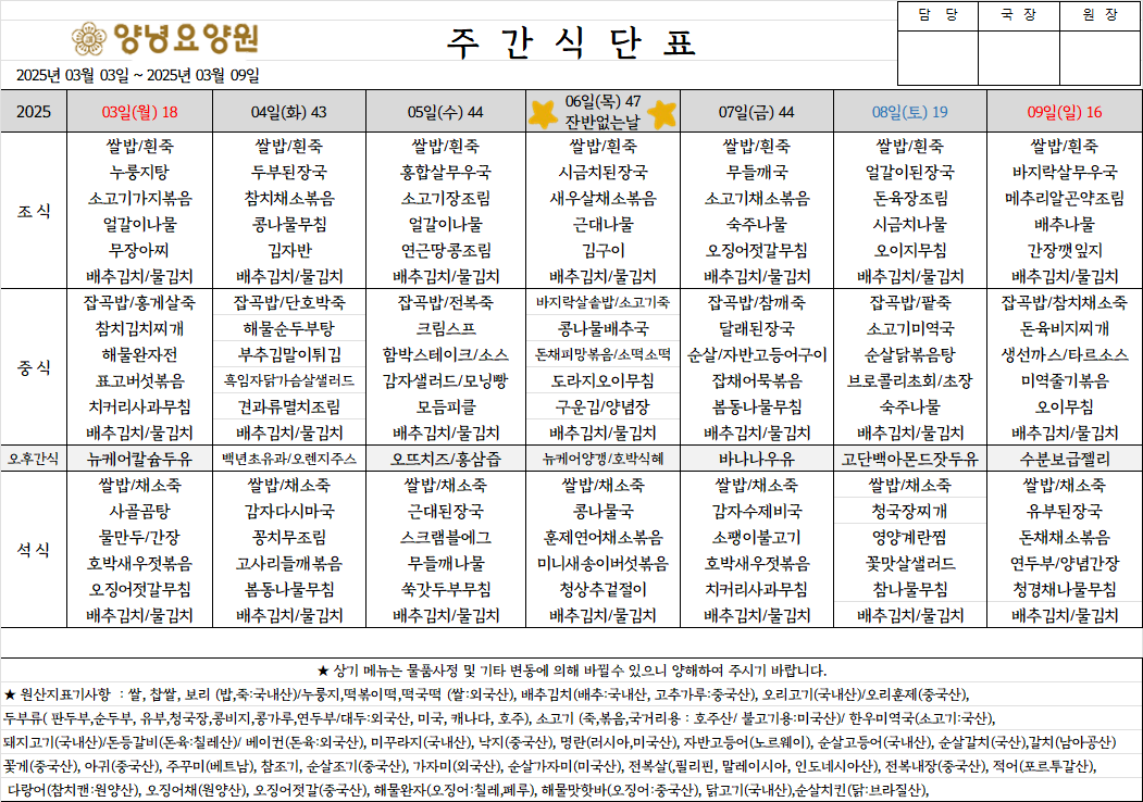 2025.03.03.~03.09. 주간식단표입니다.