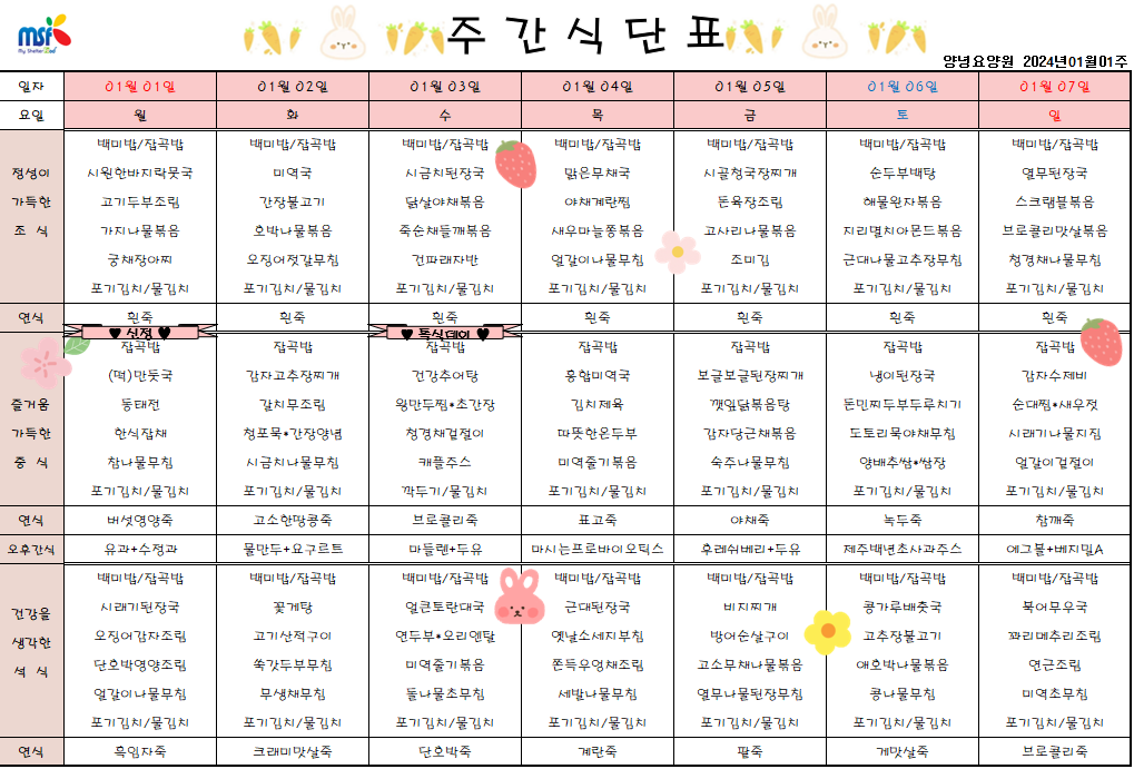 2024년 01월01일 ~ 2024년 01월07일 식단표