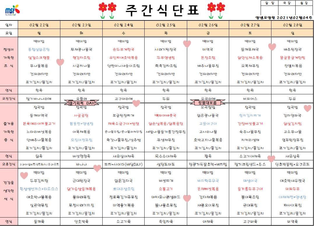 2021년 02월22일 ~ 28일 식단표